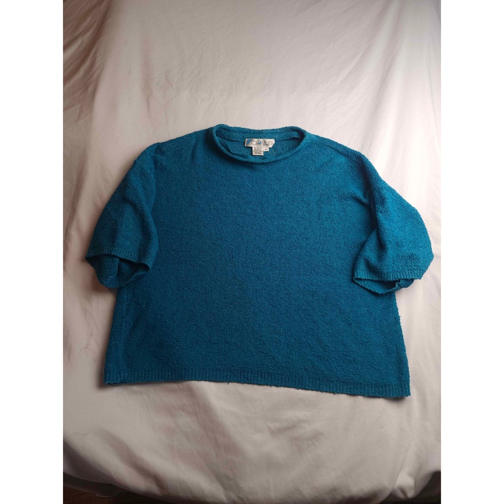 Chaus Vintage Teal Blue Knit Sweater Short Sleeve Boxy Cotton Blend Size L